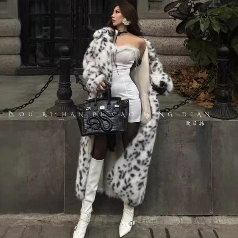 Bobcat Pattern Imitation Fox Fur Jacket Women's Thickened Environmentally Friendly Hair Long Leopard Print Suit Collar Fur Coat Light Luxury