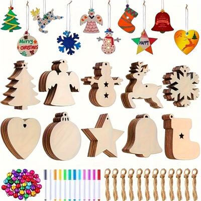 30 Stück Kreativer Weihnachtsschmuck aus Holz - Einzigartige DIY Handbemalte Mosaik-Puzzles Heimdeko - Inklusive 10 Seilaufhängern
