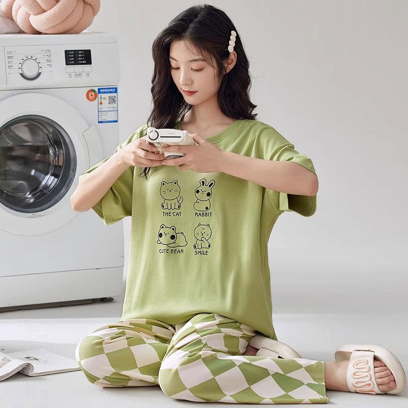 Short-sleeved long pants pajamas women's summer cartoon cute can be worn outside plaid loungewear imitation cotton suit summer thin
