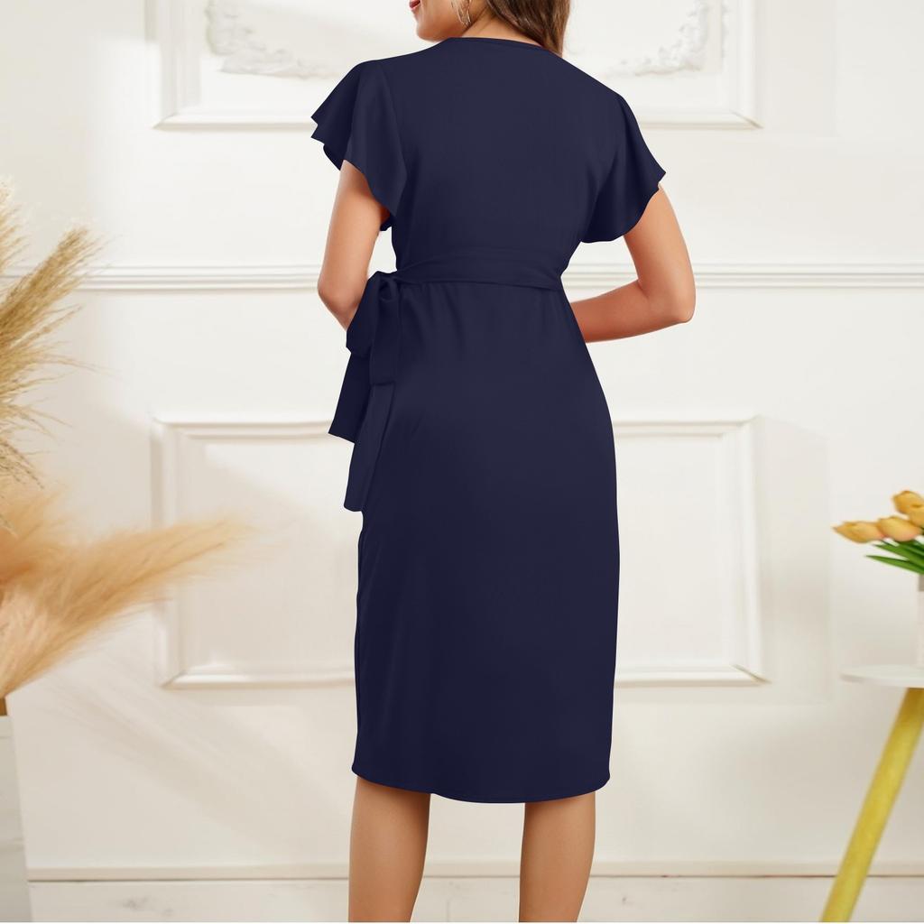 Damska sukienka we wzór kwiatowy, seksowny dekolt w serek, rękawy z falbankami, imitacja kopertowa, marszczona sukienka bodycon