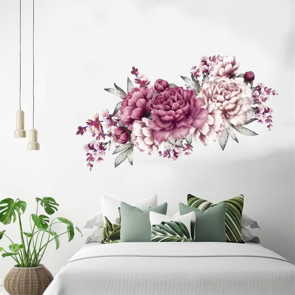 Self-adhesive PVC Wall Stickers Modern Peony Rose Watercolor Blooming Flowers for Living Room Decor