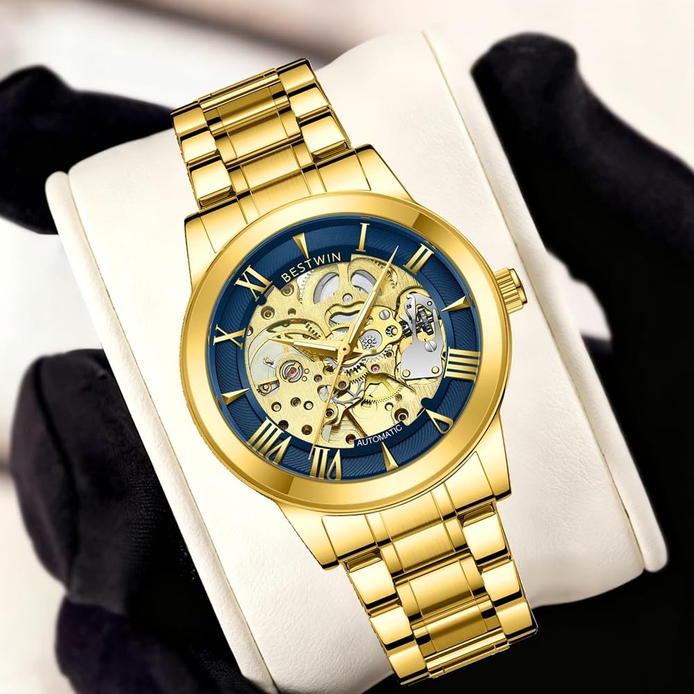 Men's Skeleton Automatic Watch Full Gold Stainless Steel Self Winding Mechanical Dress Watch with Hollow Transparent Dial