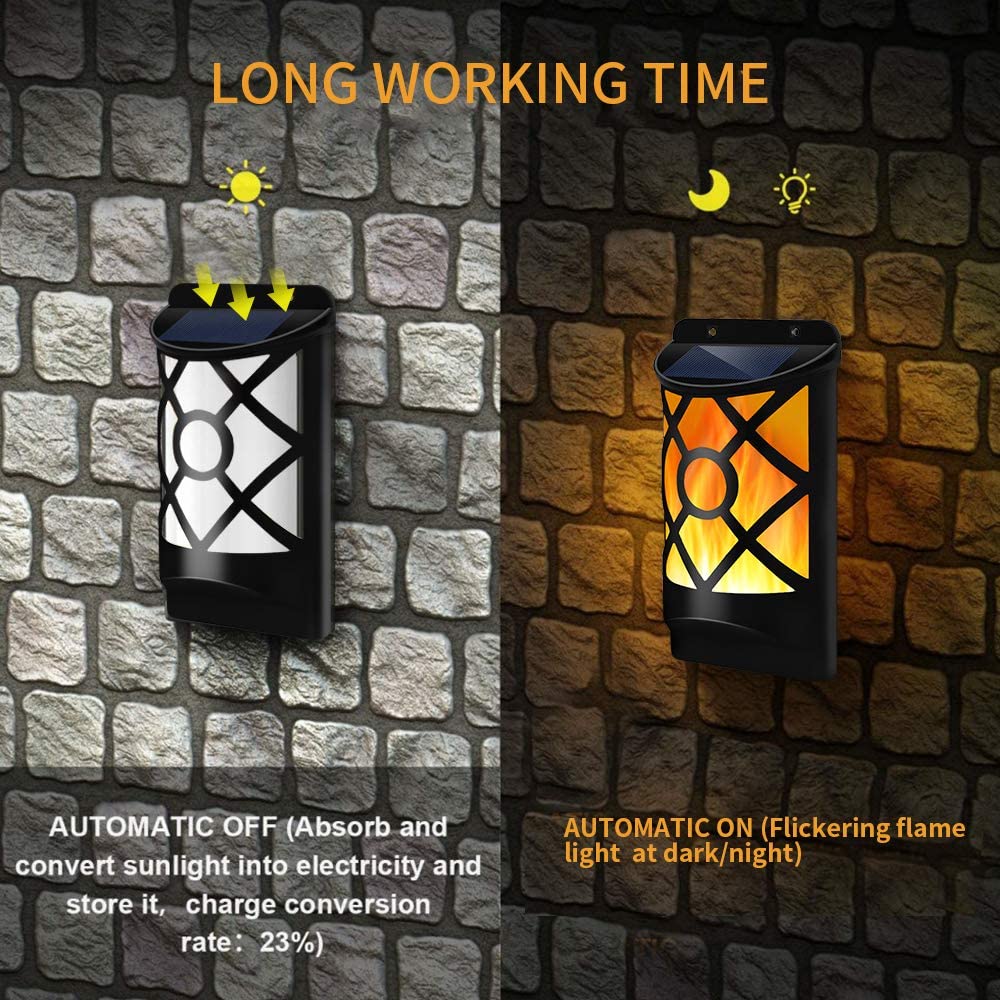 Solar Flame Lights Outdoor Wall Lamp Waterproof Flickering Patio Pathway Yard 36 LED Sun Powered Wall Mounted Sunlight