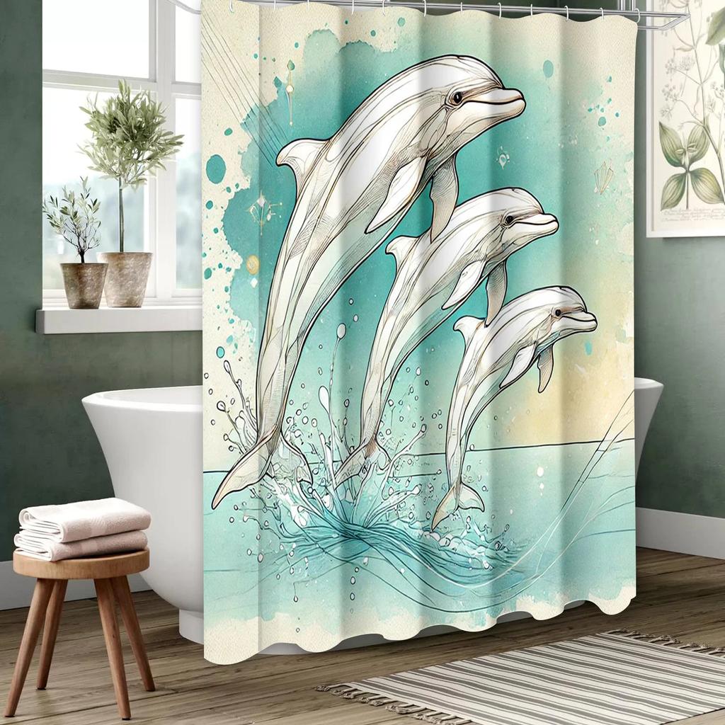 Carton Dolphin Pattern Bathing Curtain Bathroom Shower Curtain Waterproof With 12 Hooks Home Deco