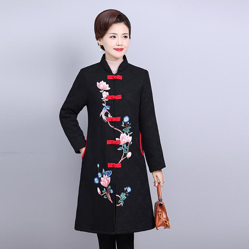 Этническая зимняя хлопковая куртка средней длины с вышивкой для женщин среднего возраста 2XL чёрный