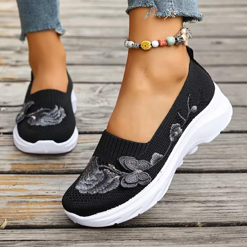 Damskie Buty Płaskie, Rozmiary Plus Size, Haftowane Buty Codzienne, Oddychające Tkane Fly Weave Wsuwane Buty Lazy dla Kobiet