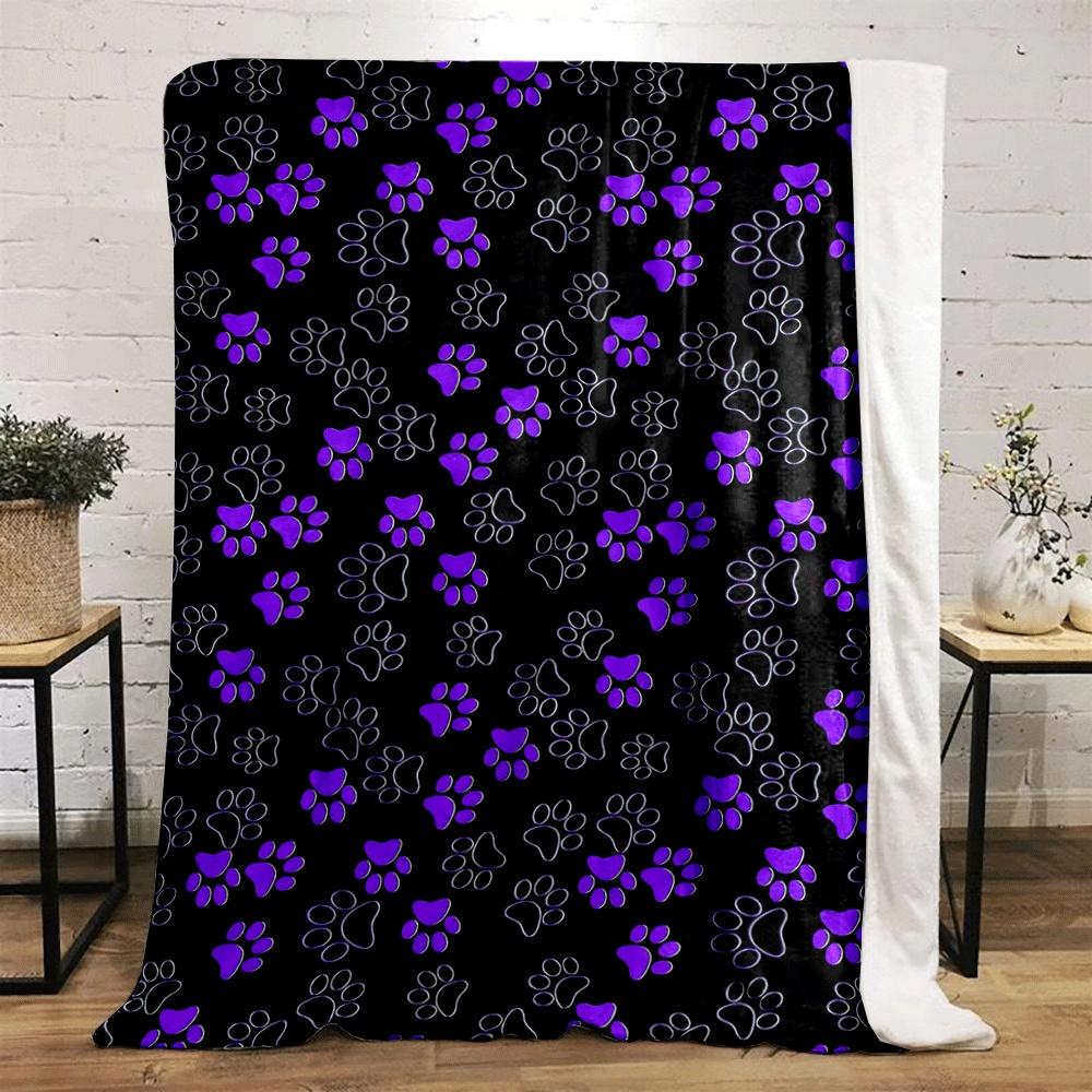 Purple and Outlined Paw Prints Scattered On a Black Background. for All Seasons Blanket Lunch Break Throw Gift