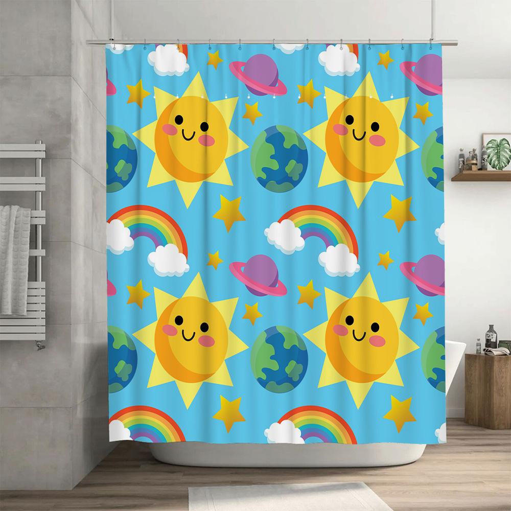 Solar System Shower Curtain With Happy Sun And Planets Blue Bath Decor