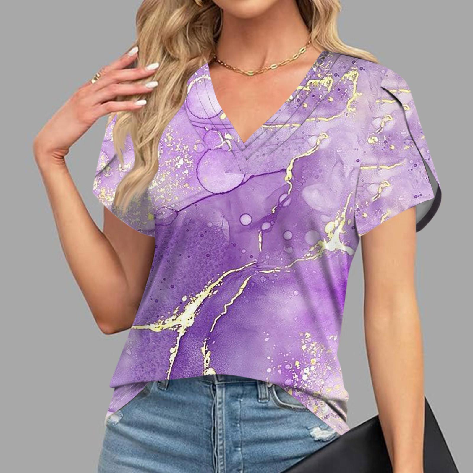 

Блузки для женщин, нарядные повседневные, модные футболки с короткими рукавами и ретро-принтом, уникальный дизайн, большие футболки с v-образным вырезом L светло-фиолетовый