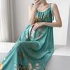 Cotton silk nightdress casual holiday wind gradual change color printing long dress loose suspenders summer dress pajamas