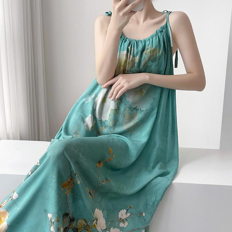 Cotton silk nightdress casual holiday wind gradual change color printing long dress loose suspenders summer dress pajamas