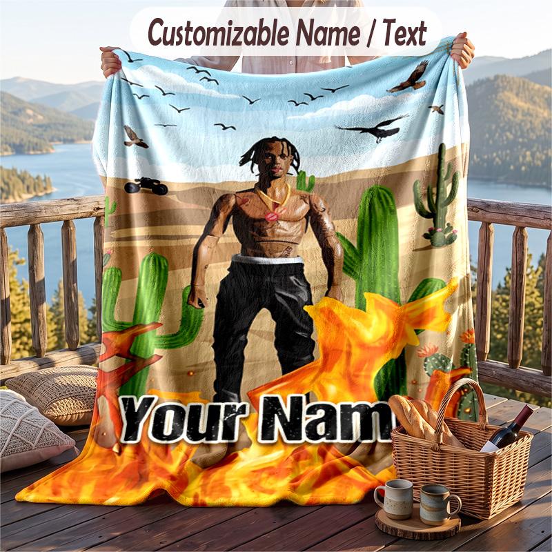 Personalized Flannel Throw Blanket,Travis Scott Custom Printed Name, Cozy Plush Blanket For Home Use