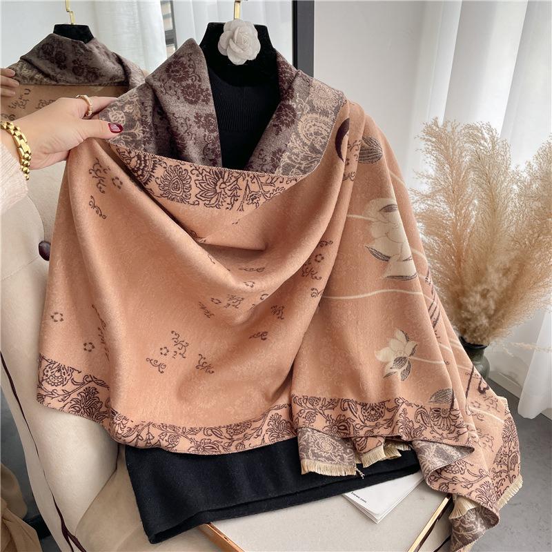 Scarf women's autumn and winter flower porcelain pattern warm thickened double-sided imitation cashmere air conditioner shawl mother scarf