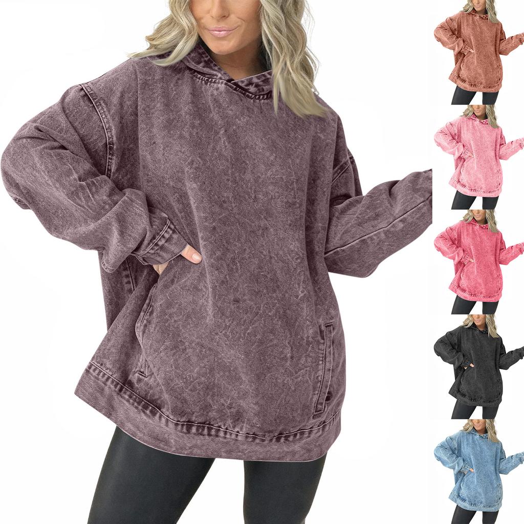 Women's Casual Pullover Denim Jacket Vintage Distressed Jean Hoodie Jacket Tops