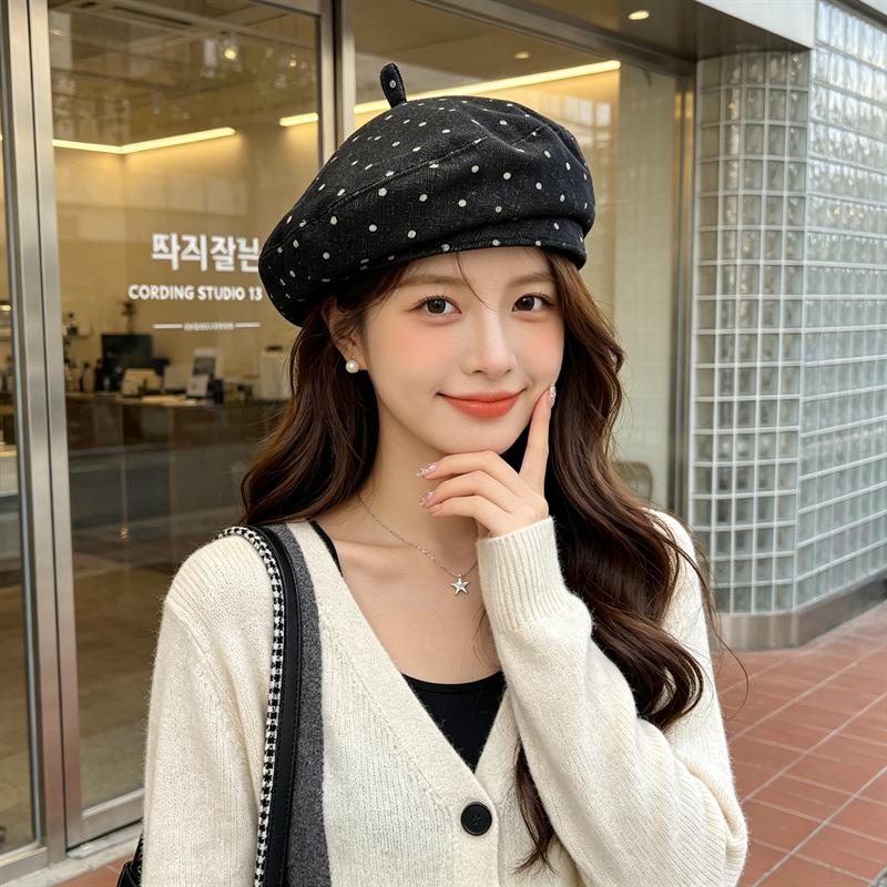 Women S Vintage Polka Dot Beret Hat Large Size Fashionable Painter Cap