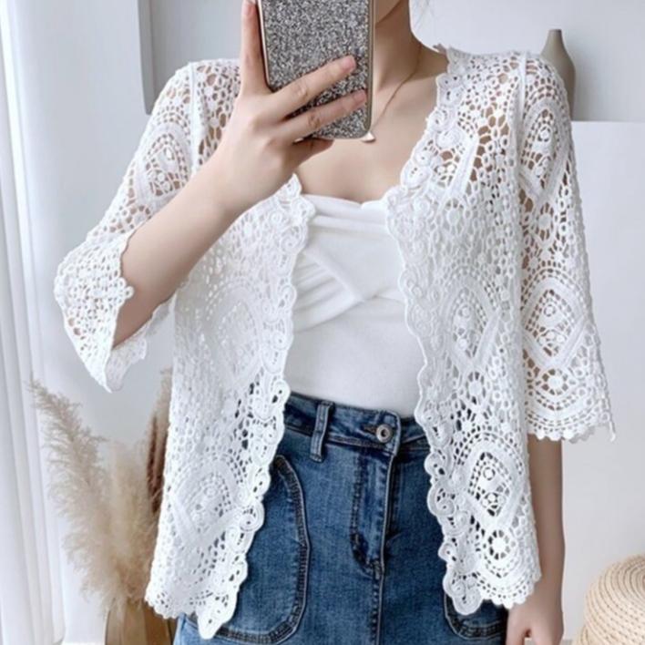 Summer Shawl Cardigan womenThin Hollow Knit Coat Short Blouse Sunscreen Shirt