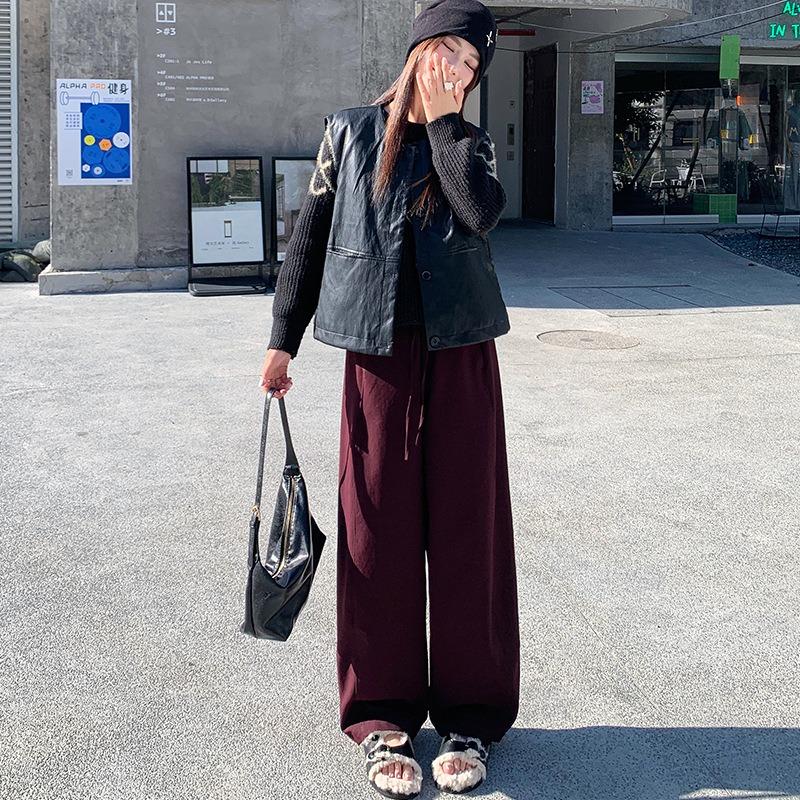 

Lazy casual elastic drawstring scimitar pants autumn and winter new loose and versatile high-waisted thin straight wide-leg pants XL (130-80 kg)