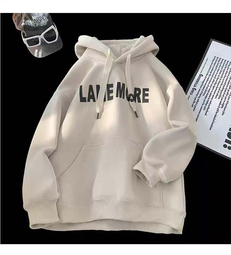 Unisex Loose Fit Thickened Velvet Hoodie with Logo Print for Autumn/Winter 2025