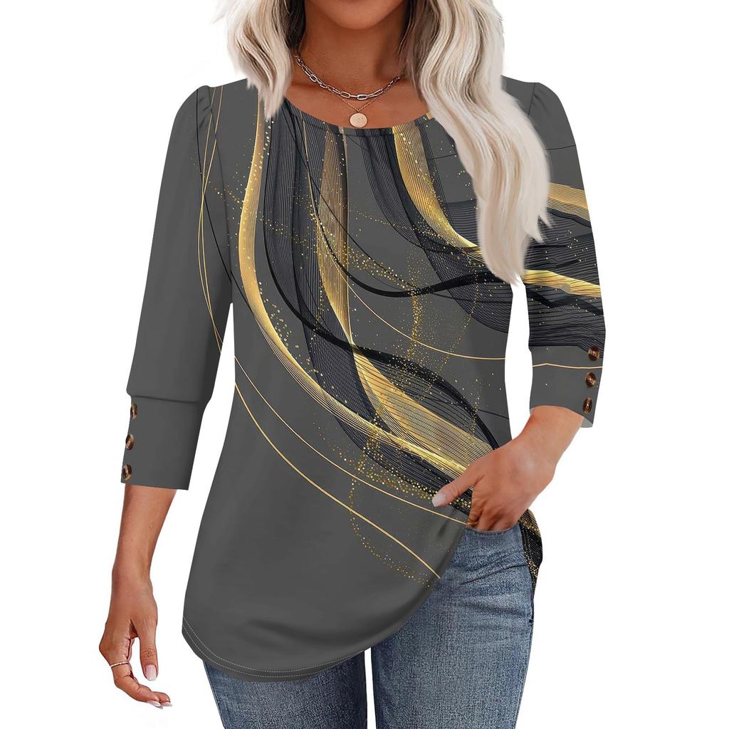 Women's Fashion Casual Color Block Stitched Print Round Neck Seven-sleeve T-shirt Top