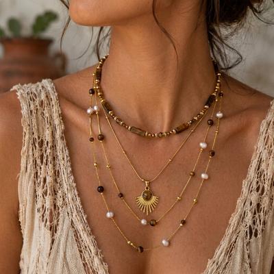 Bohemian Vintage Layered Tiger Eye Stone Pendant Necklace For Women Sun Waterdrop Beaded Sweater Chain Choker Fashion Jewelry
