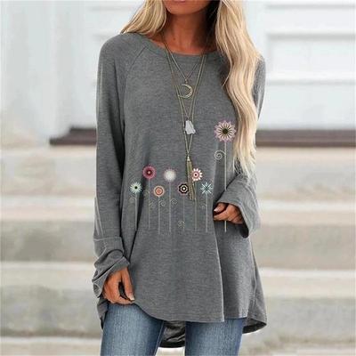 Ladies Flowers Printed Round Neck Long Sleeves Plus Size Cotton Tunic Loose T-Shirt Summer New Casual Fashion Women Clothing
