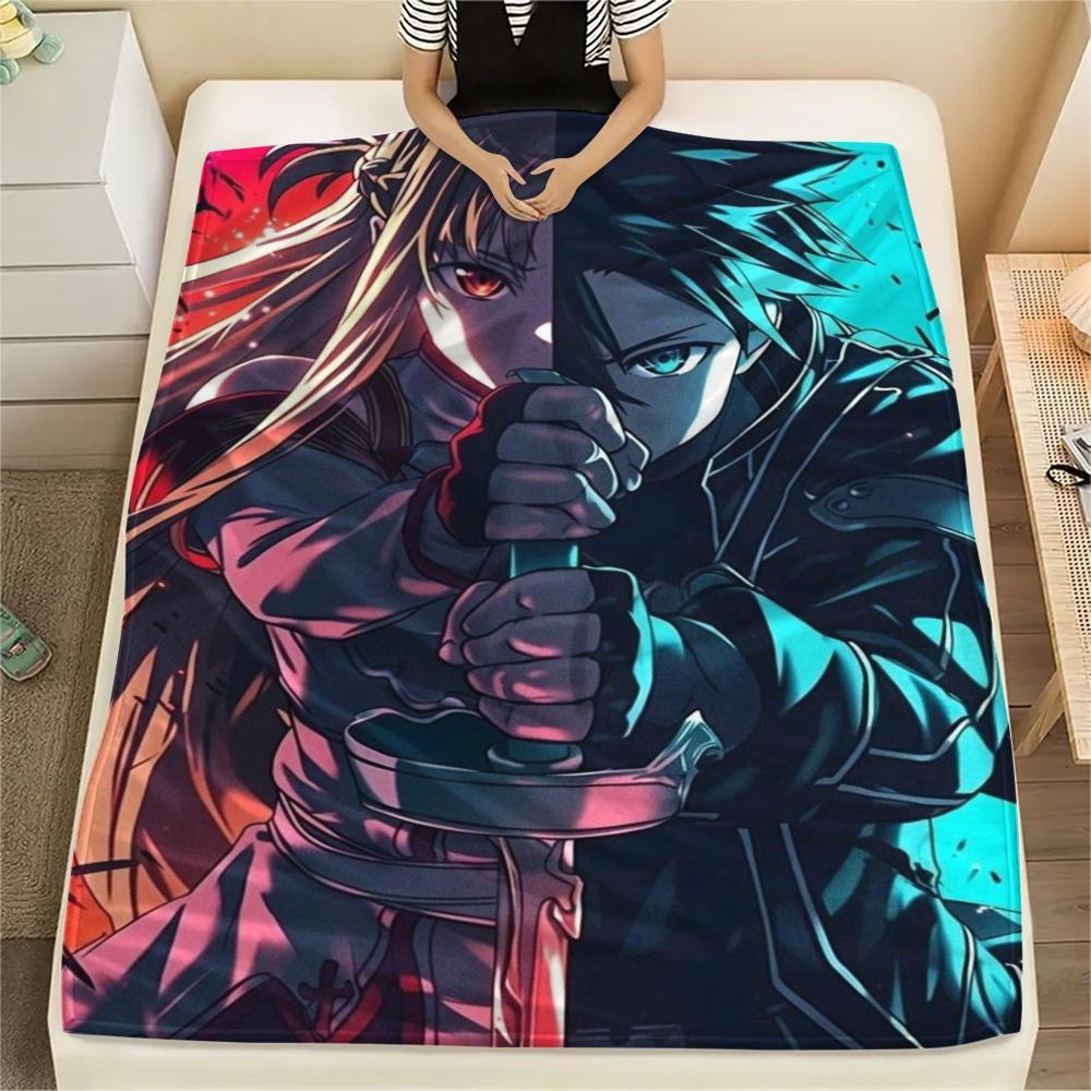 1PC Sword Art Online Print Flannel Blanket, High quality Comfortable for All Seasons, Home Decor, Warmth and Comfort, Perfect for Christmas Gifts