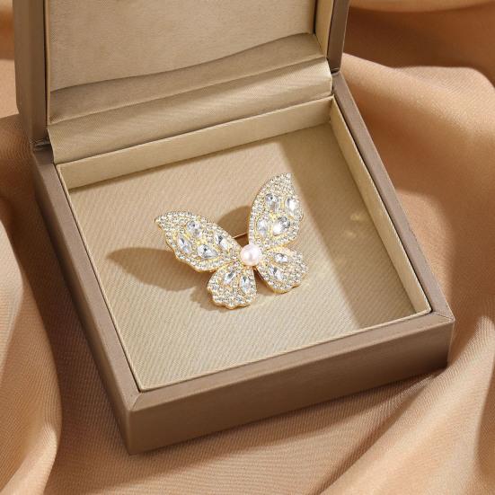 Women Brooch Three-Dimensional Butterfly Design Pin with Imitation Pearls Rhinestones Suits Coats Sweaters Badge Formal Occasions Decorative