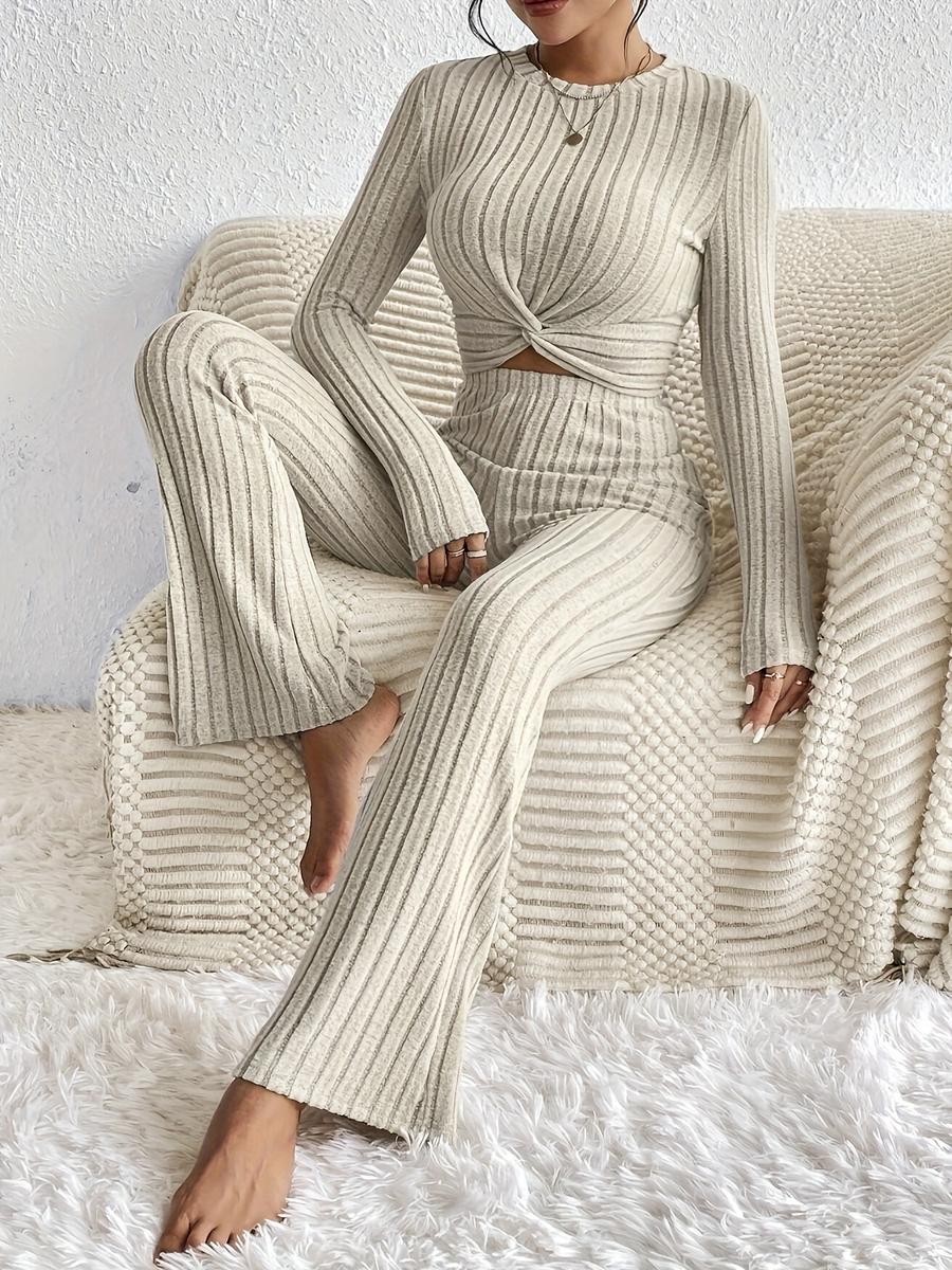 

Women s Leisure Solid Color Two-Piece Set, Long Sleeve Crop Top and Slim Fit Pants Outfit S