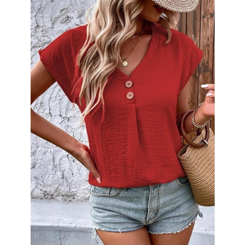 VEZFAA Women's Fashion Casual Summer Spring Solid Color Print Short Sleeve V-Neck Blouses & Shirts