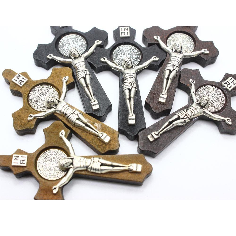 3 bucăți religioase din lemn antic, negru maro, rozariu, pandantiv, colier cu margele pentru bărbați, femei, bijuterii Iisus Sfântul Benedict