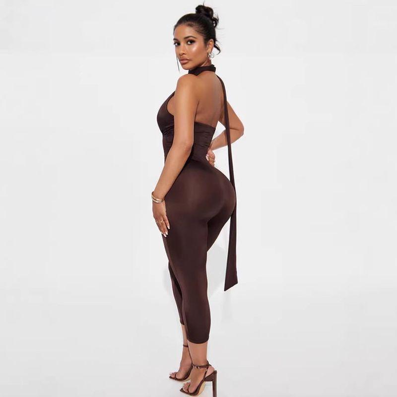 Cross-Border European and American Style E-Commerce Halter Neck Backless Hollow-Out Simple Solid Color Jumpsuit Dropshipping