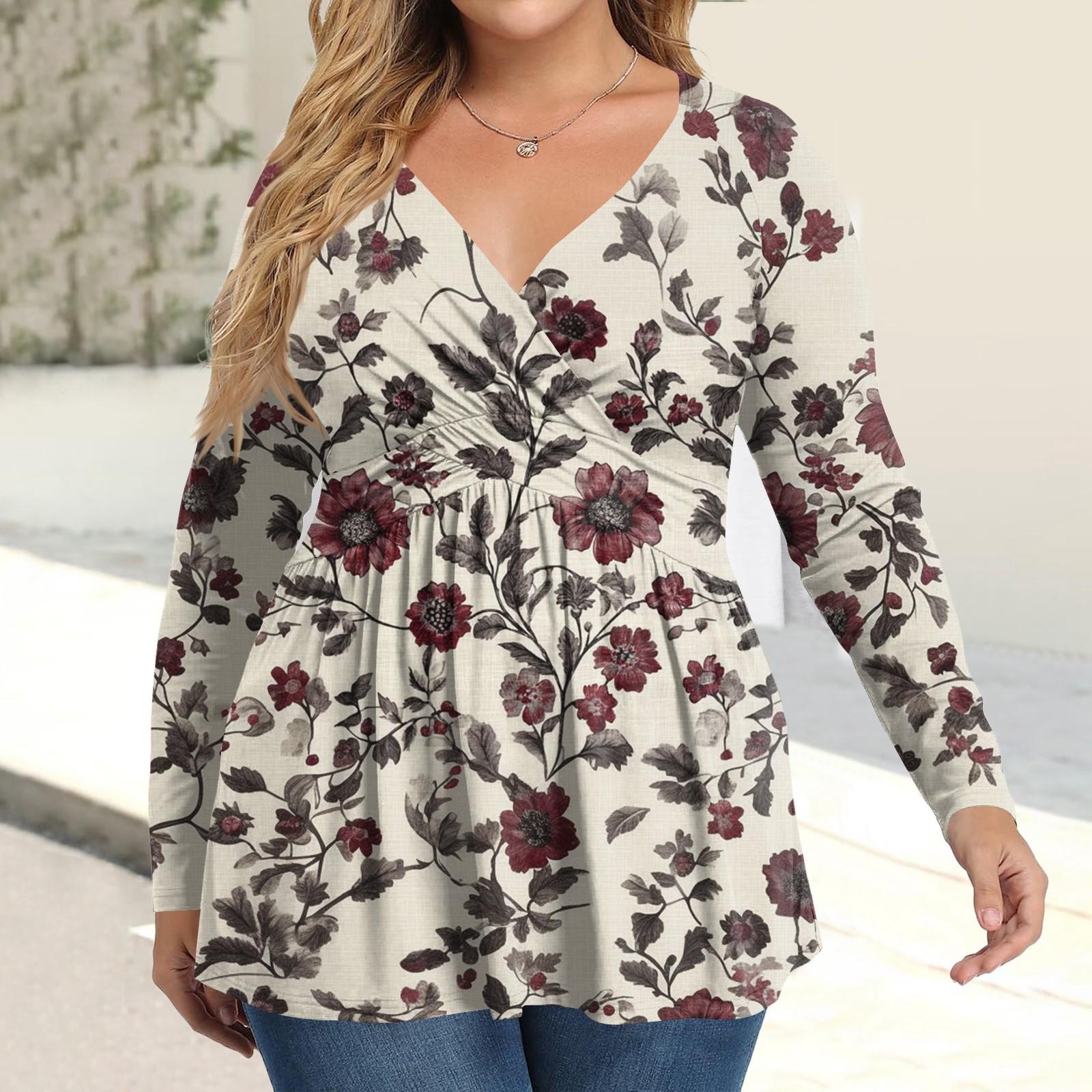 

Women s Plus Size Shirt Long Sleeve Print Top Pleated Casual V-Neck Top XXXXL