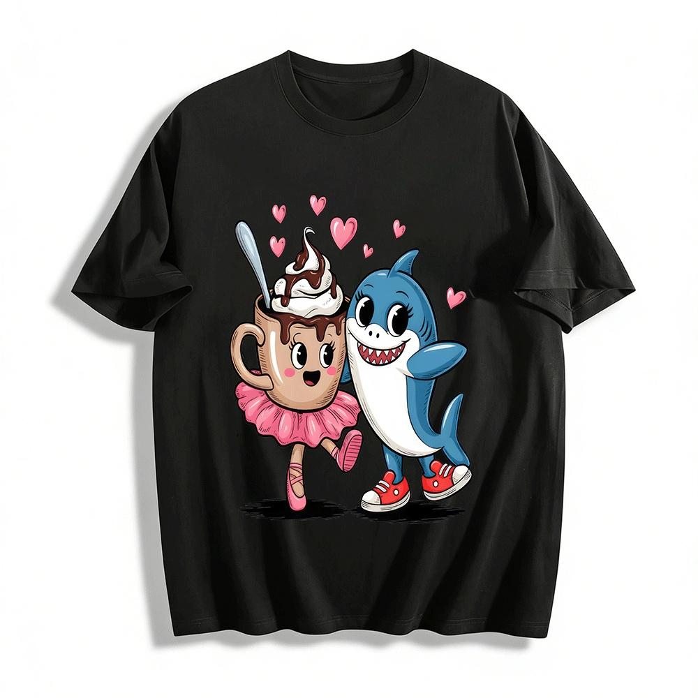 Cute Coffee Cup And Shark Best Friend Graphic Casual Top Pure cotton T-shirt XXS