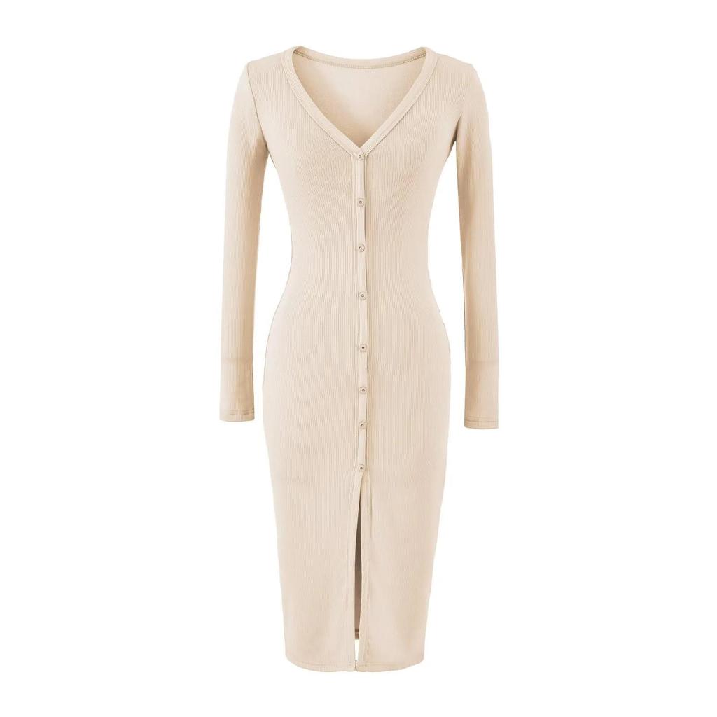Elegant V-Neck Long Sleeve Dress - Sexy Hip-Hugging Mid-Length Skirt for Women, Perfect for Spring and Autumn.
