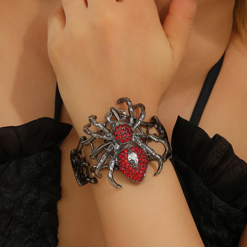 1 Stück Punk Spinnen-Thema Persönlichkeit Armband - Schwerlast Zinklegierung Schwarz Rot Strass Spinnennetz mit Spinnenanhänger, Elastisches Band Design