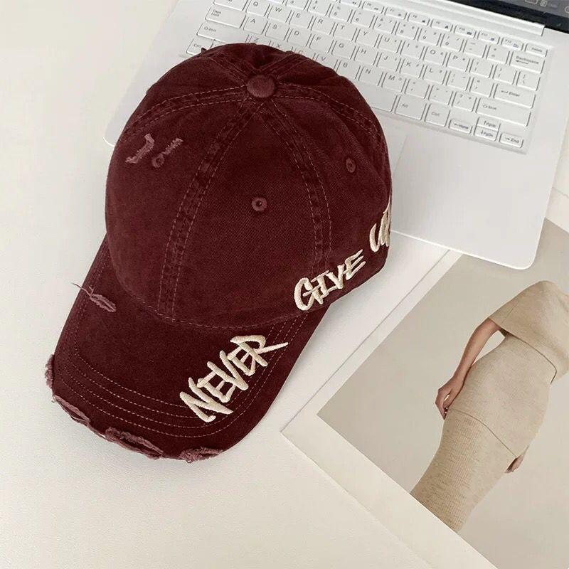 Letter Embroider Washed Denim Baseball Cap Women's American Retro Ripped Old Peaked Cap Soft Top Large Head Circumference Hat