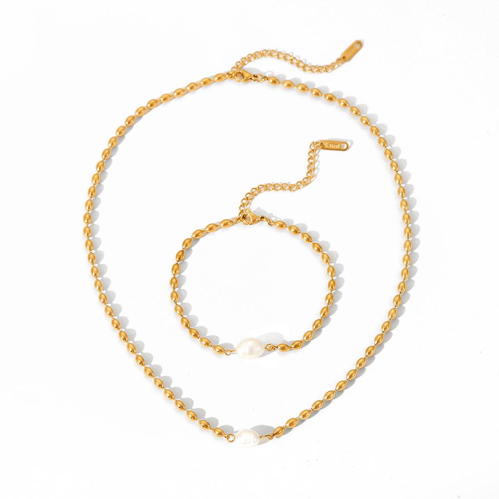 Custom Processing French Style Natural Freshwater Pearl Oval Gold Bead Necklace Stainless Steel Bracelet