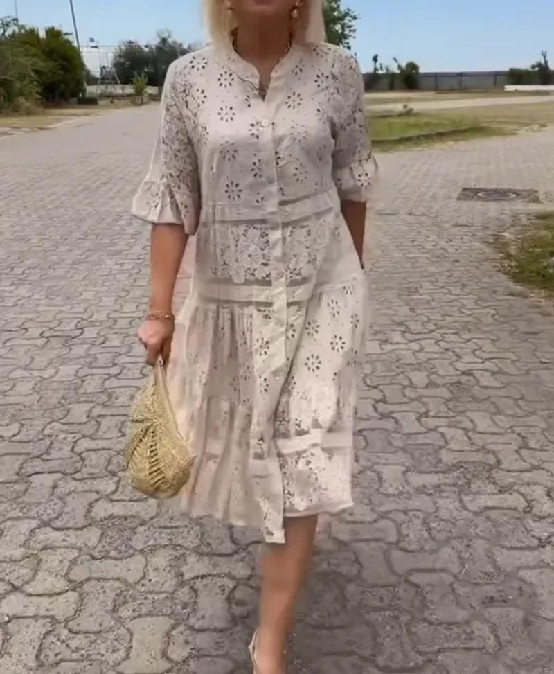 2024 Letní jednobarevné krajkové šaty s výstřihem do V a knoflíkovým zapínáním pro ženy