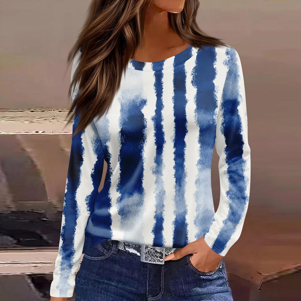 Women's Fashion Hem Slit Casual Floral Print Round Neck Long Sleeve Top