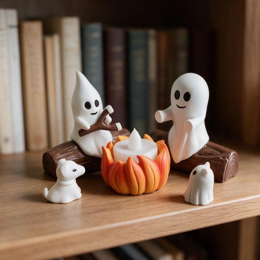 5PCS Resin Ghost Bonfire Ornament Set LED Candle Ghost Campfire Flickering Ornament Desktop