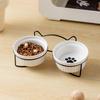 Slanted Iron Stand Double Ceramic Cat Bowl with Cervical Spine Protection - Striped Kitten Food & Water Bowl