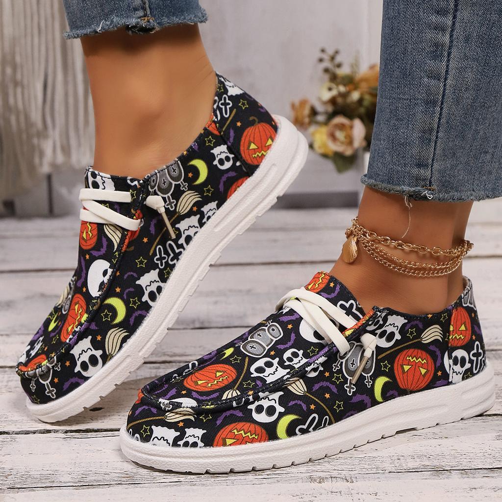 Plus Size Spring and Autumn New Casual Single Shoes Women's Halloween Pumpkin Ghost Skull Women's Single Shoes