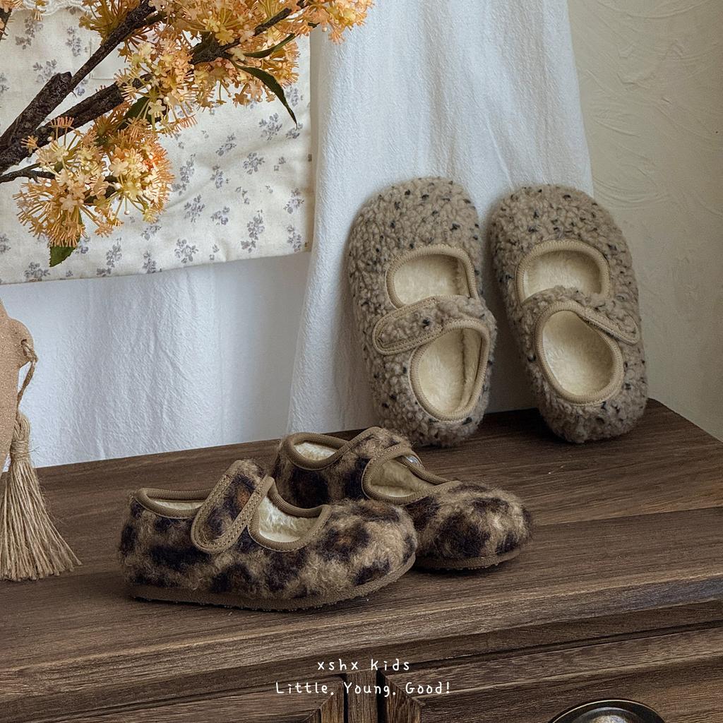 XSHX Leopard Print Woolen | Girls Mary Jane Autumn and Winter Velvet Warm Velcro Anti-skid Function Thin Bottom