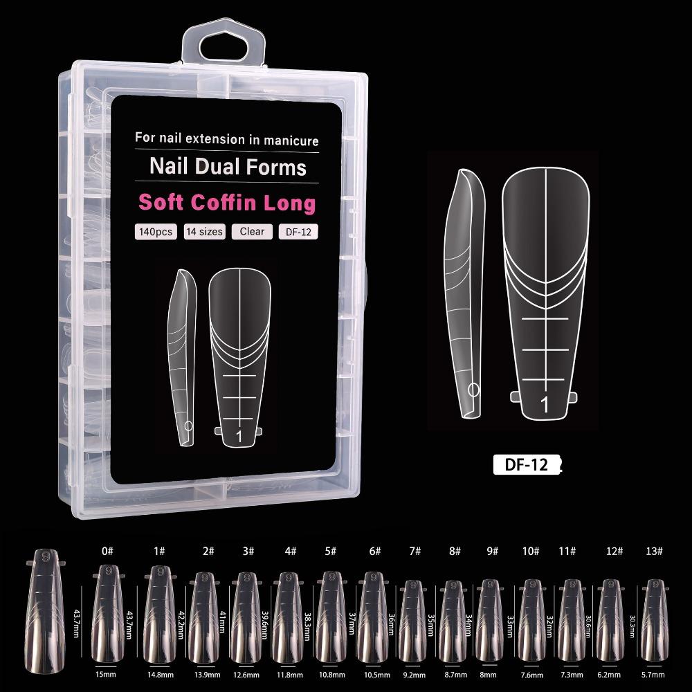 140PCS 14 Sizes French Nail Dual Form Square Almond Reusable Nail Extension Mold with Inner French Line Fake Nail Tips