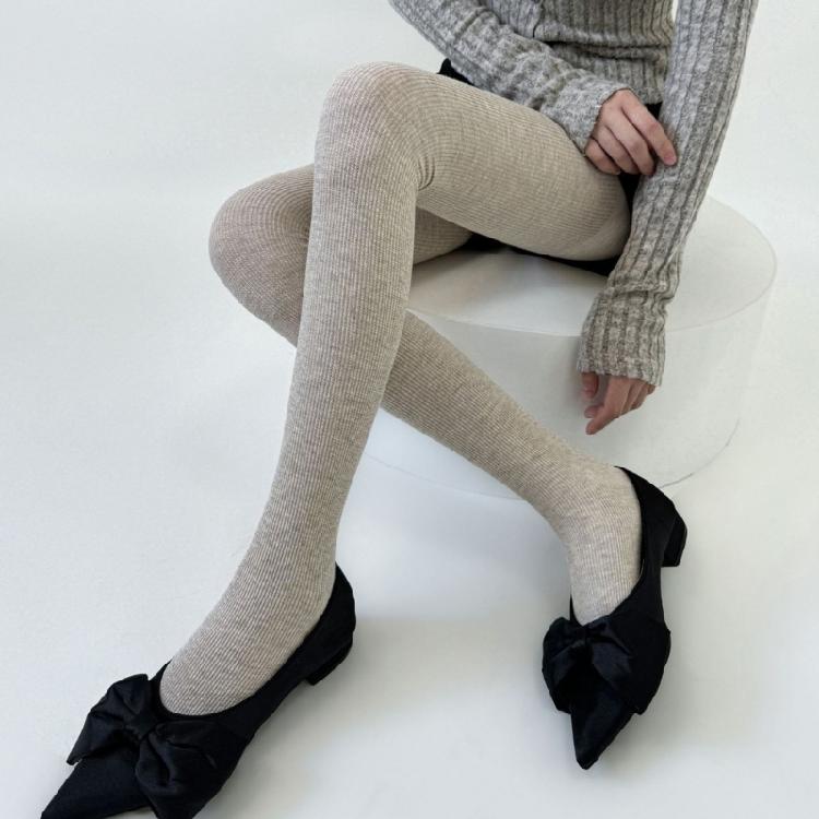 Women Vintage Shimmering Ribbed Striped Opaque Pantyhose 90s Winter Fall Basic Bottoming Tights Stockings Leggings