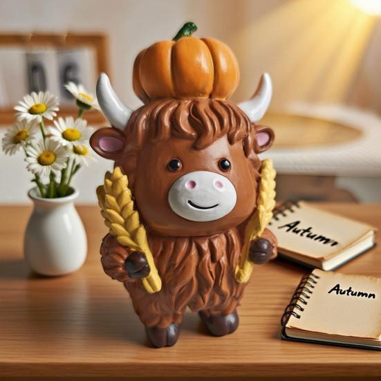 Christmas Highland Cattle Statue Thanksgiving Day Pumpkin Highland Cow Figurine Sculpture Home Office Desktop Decoration Ornament