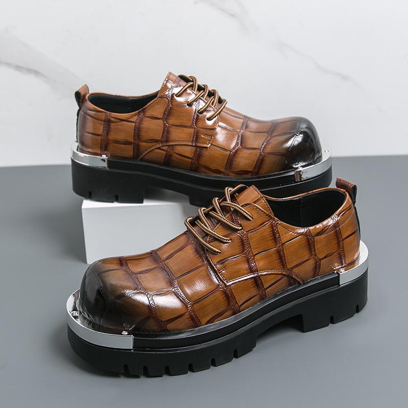 

Leather shoes men s shoes big head leather shoes low top Martin boots with plaid pattern niche thick sole black casual derby shoes 46