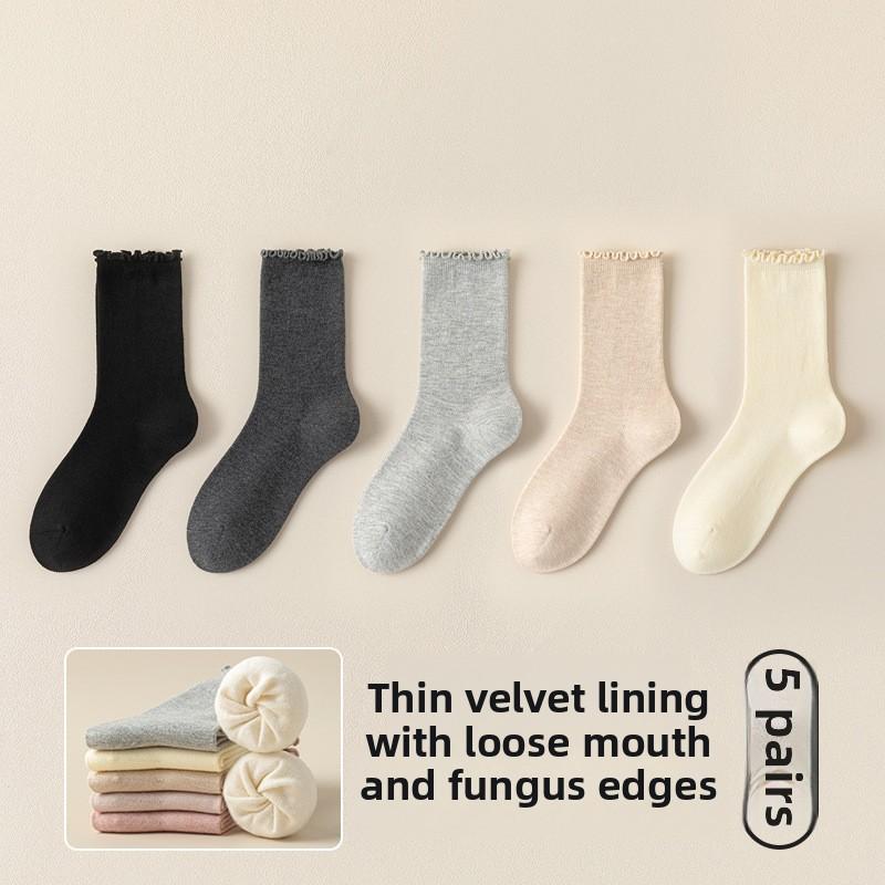 

5 пар осенне-зимних шерстяных носков для девочек с флисовым принтом, игривые, теплые, с деревянными ушками по бокам 5 Pairs