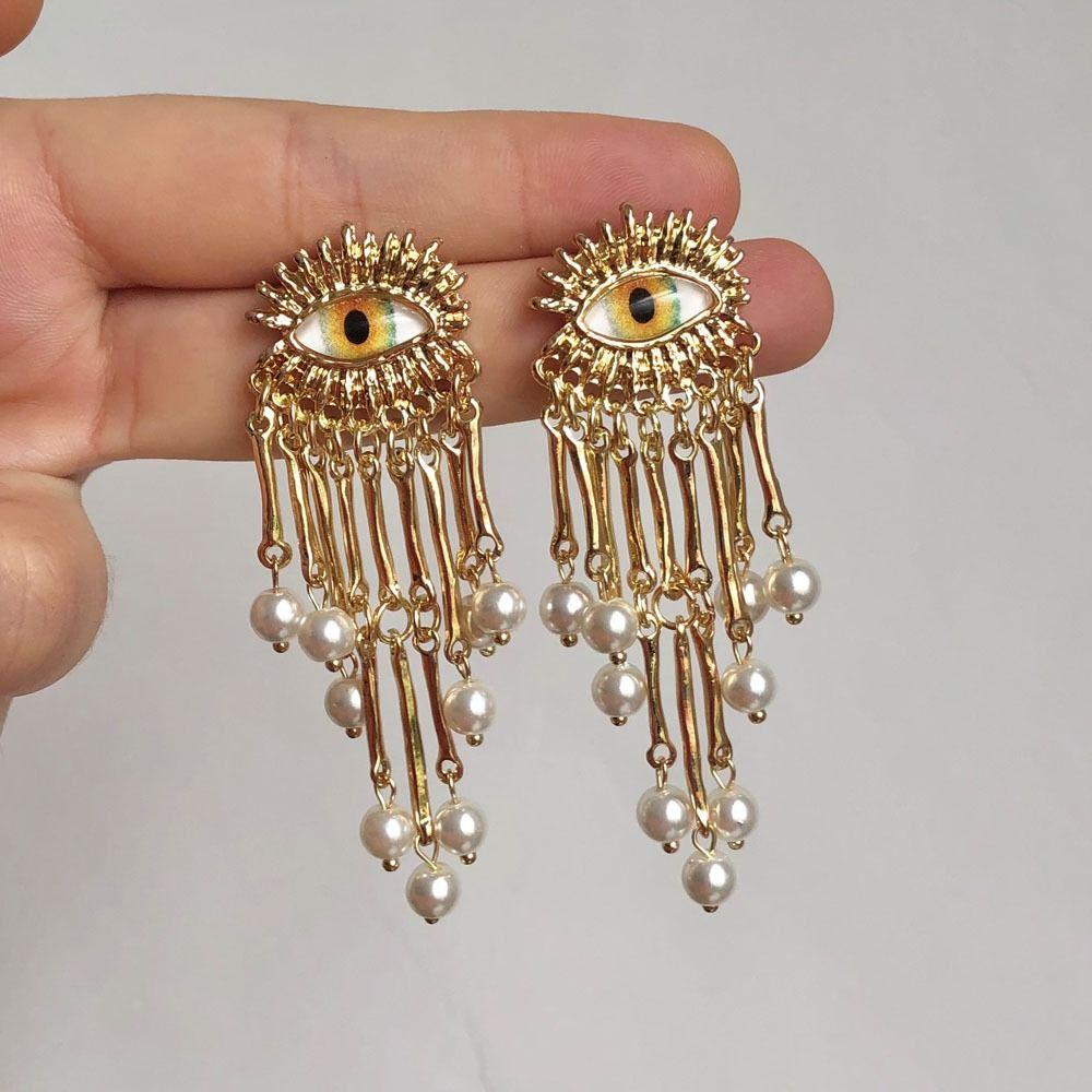 Vintage Devil's Eye Brooch Delicate Imitated Pearl Sparkling Tassel Pin Trendy Exaggerated Water Droplet Brooch Party Favors