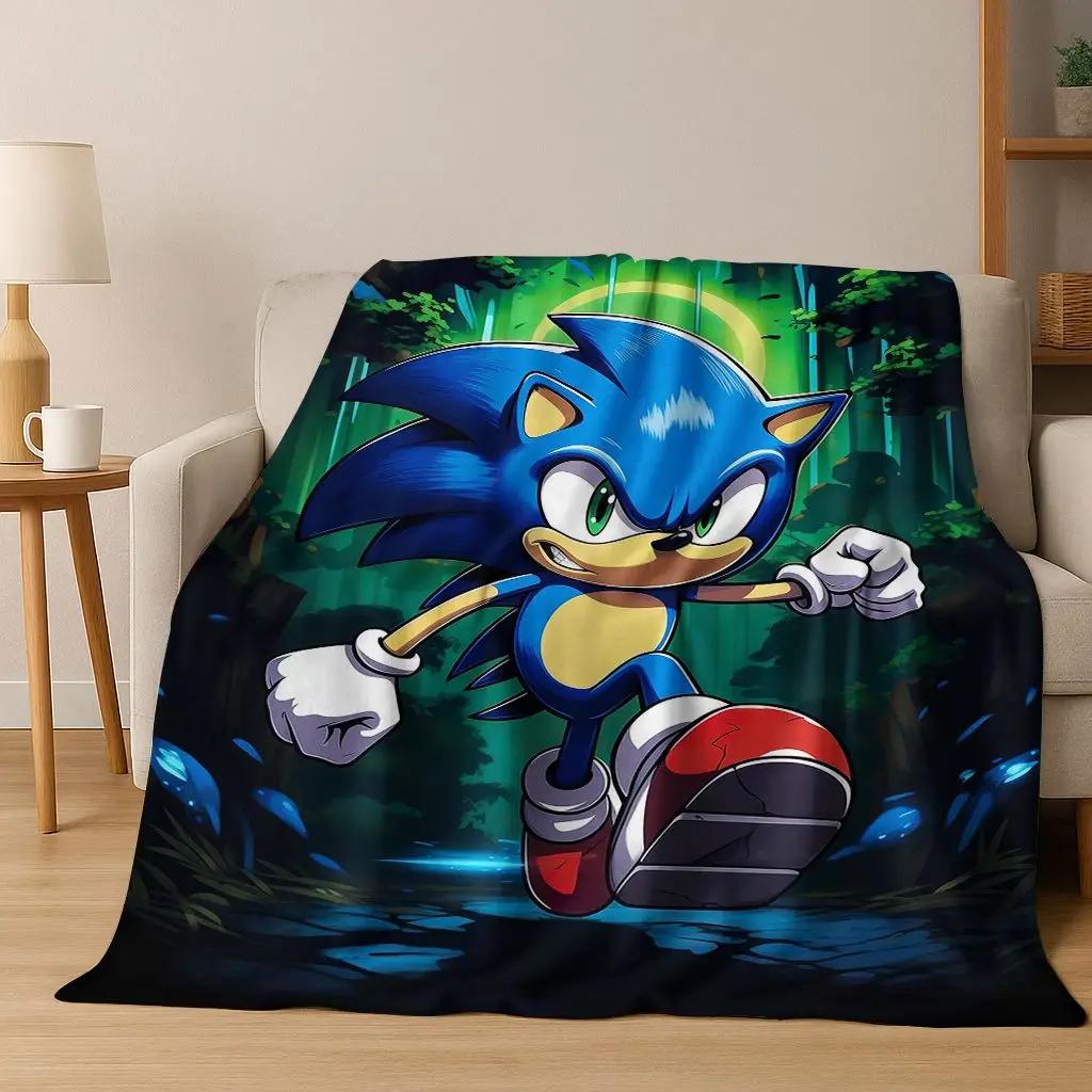 Classic S-Sonic Game Cartoon Hedgehog Flannel Blanket Soft Warm Throw Blanket for Bed Bedroom Room Living Room Travel Picnic Kid